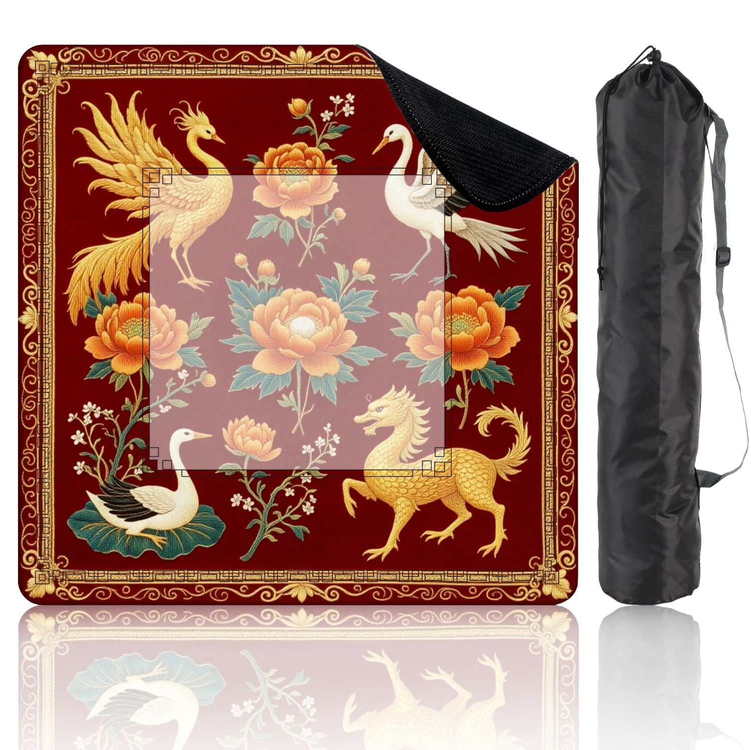 Mahjong Mat 31.5" x 31.5" Golden Crane Blossoming Peonies Ornate Floral Non-Slip Noise Reduction American Mahjong Tiles Table Cover for Dominoes Poker Card Board Games Gift