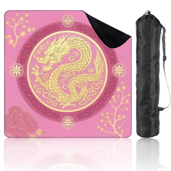 Mahjong Mat 31.5" x 31.5" Golden Dragon Floral Patterns Pink Non-Slip Noise Reduction Mahjong Mat with Storage Bag Mahjong Tiles Table Cover for Dominoes Poker Card Board and Tile Games