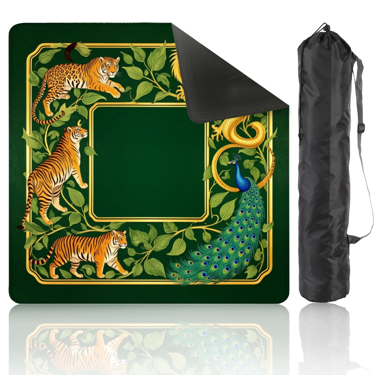 Mahjong Mat 31.5" x 31.5" Golden Dragon Tigers Peacock Floral Frame Non-Slip Noise Reduction American Mahjong Tiles Table Cover for Dominoes Poker Card Board Games Gift