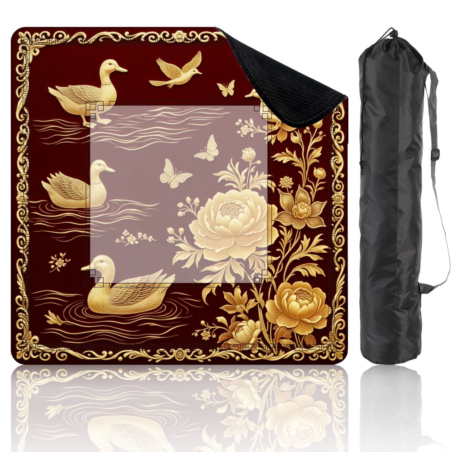 Mahjong Mat 31.5" x 31.5" Golden Ducks Peonies Butterflies Burgundy Non-Slip Noise Reduction American Mahjong Tiles Table Cover for Dominoes Poker Card Board Games Gift