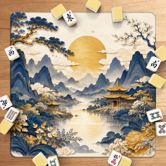 Mahjong Mat 31.5" x 31.5" Golden Oriental Landscape Pagodas Mountains River Classic Blue Gold Non-Slip Noise Reduction American Mahjong Tiles Table Cover for Dominoes Poker Card Board Games Gift