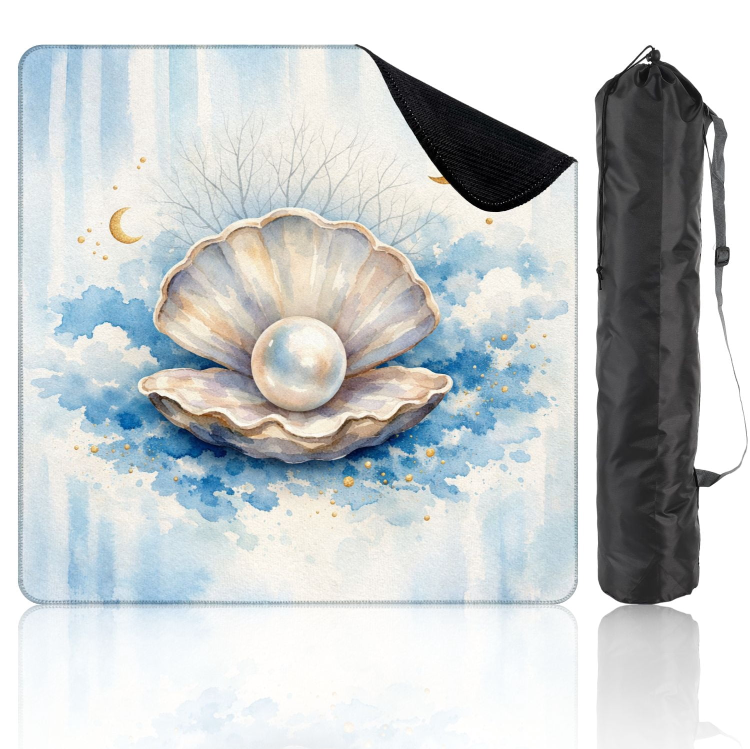Mahjong Mat 31.5" x 31.5" Golden Oyster Shell Soft Blue Watercolor Gold Accents Non-Slip Noise Reduction Mahjong Tiles Table Cover for Dominoes Poker Card Board and Tile Games