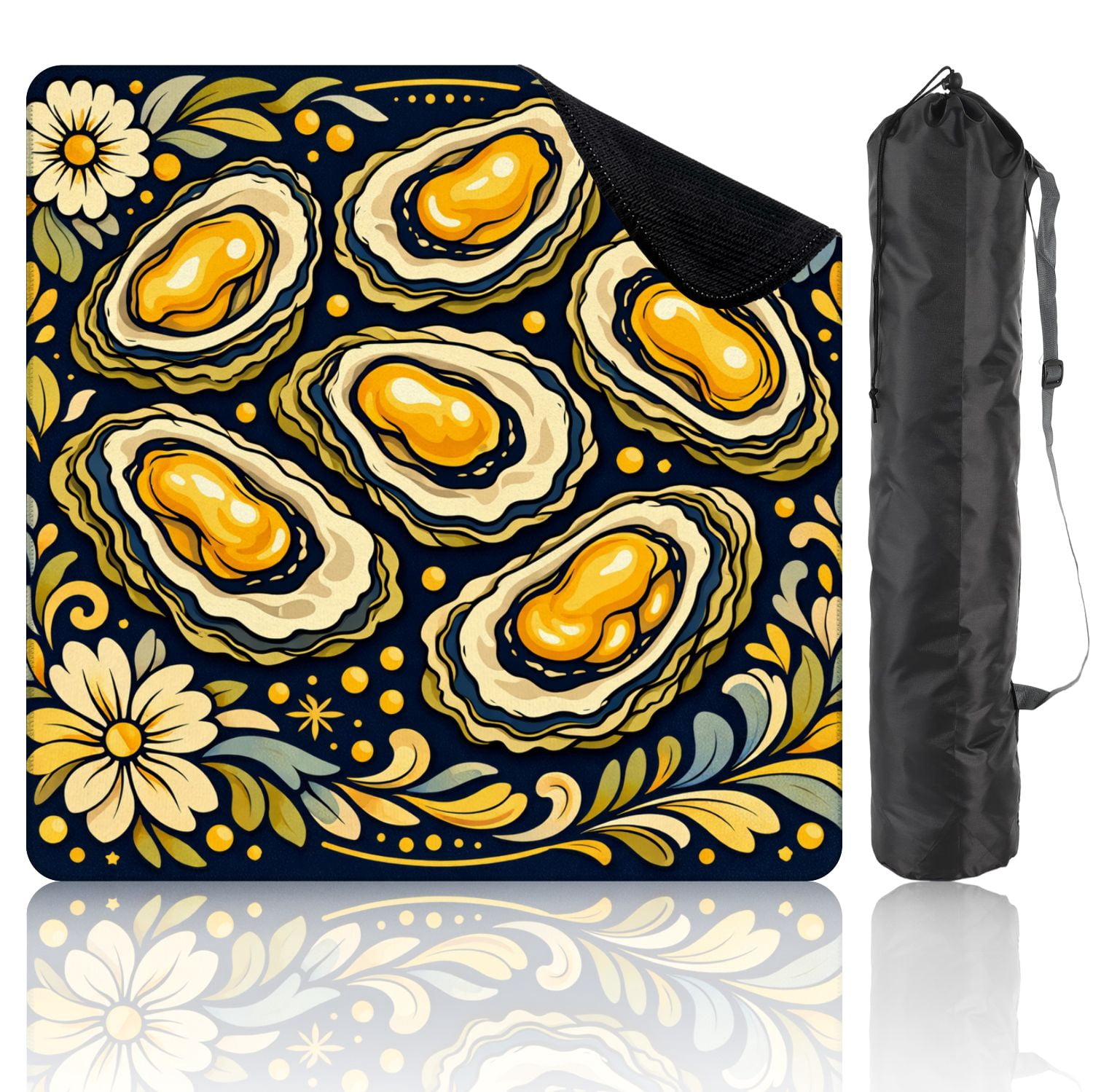 Mahjong Mat 31.5" x 31.5" Golden Oysters Vibrant Yellow Pearls Floral Non-Slip Noise Reduction Mahjong Tiles Table Cover for Dominoes Poker Card Board and Tile Games