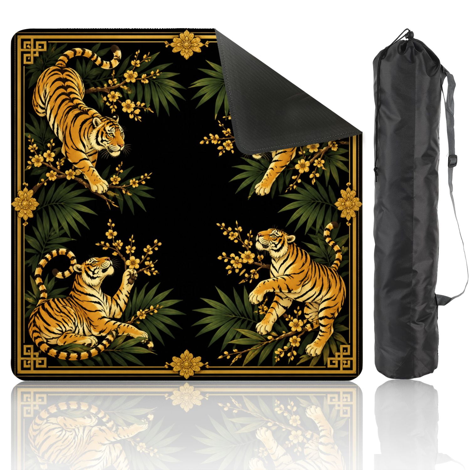 Mahjong Mat 31.5" x 31.5" Golden Tigers Tropical Leaves Blossoms Black Non-Slip Noise Reduction American Mahjong Tiles Table Cover for Dominoes Poker Card Board Games Gift