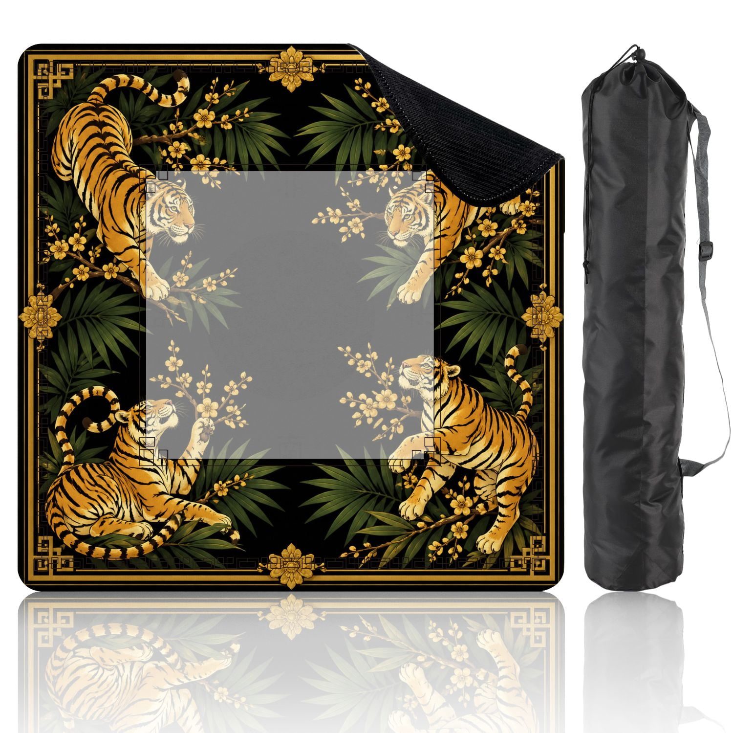 Mahjong Mat 31.5" x 31.5" Golden Tigers Tropical Leaves Blossoms Black Non-Slip Noise Reduction American Mahjong Tiles Table Cover for Dominoes Poker Card Board Games Gift