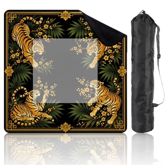 Mahjong Mat 31.5" x 31.5" Golden Tigers Tropical Leaves Blossoms Black Non-Slip Noise Reduction American Mahjong Tiles Table Cover for Dominoes Poker Card Board Games Gift