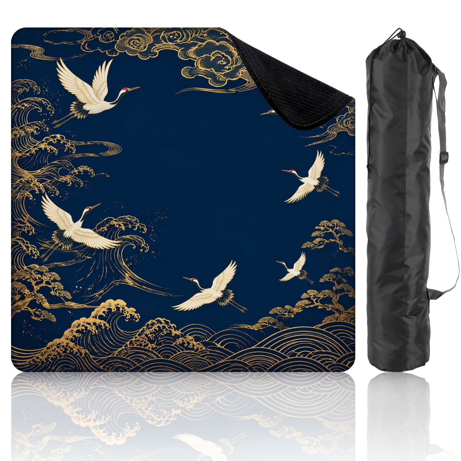 Mahjong Mat 31.5" x 31.5" Golden Waves Birds Deep Blue Non-Slip Noise Reduction Mahjong Tiles Table Cover for Dominoes Poker Card Board and Tile Games
