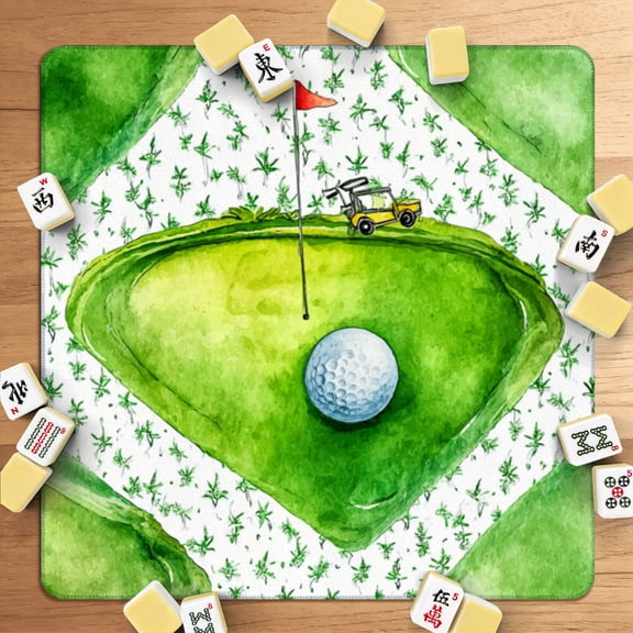 Mahjong Mat 31.5" x 31.5" Golf Course Green Golf Elements Watercolor Style Non-Slip Noise Reduction American Mahjong Tiles Table Cover for Dominoes Poker Card Board Games Gift