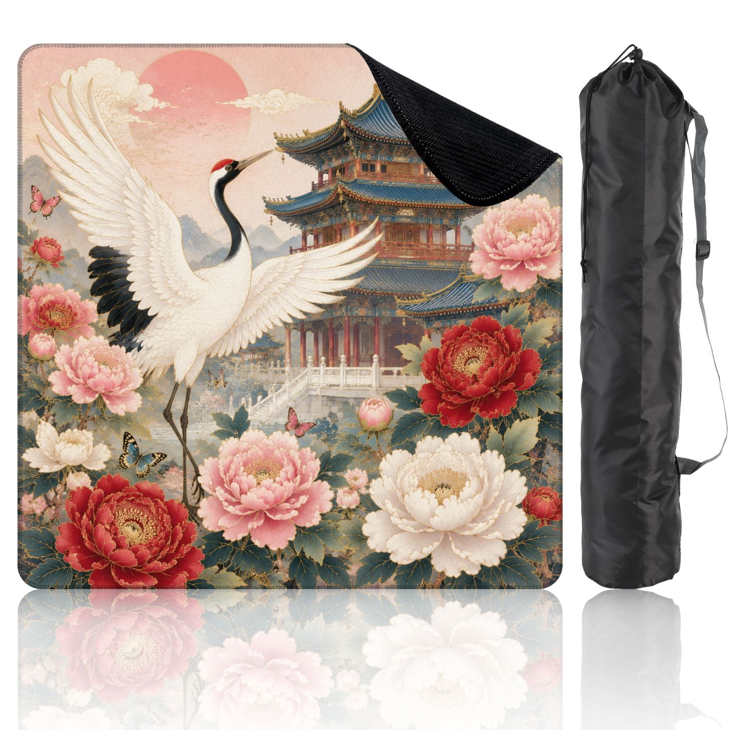 Mahjong Mat 31.5" x 31.5" Graceful Crane Blooming Peony Garden Traditional Pagoda Non-Slip Noise Reduction Chic Portable Gaming Table Cover for Family Game Night & Gift