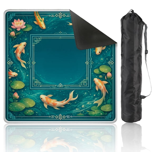 Mahjong Mat 31.5" x 31.5" Graceful Koi Fish Lily Pads Teal Pond Ornate Asian Frame Anti-Slip and Noise Reduction Symmetry Design Mahjong Tiles Table Cover for Dominoes Poker Card Board and Tile Games