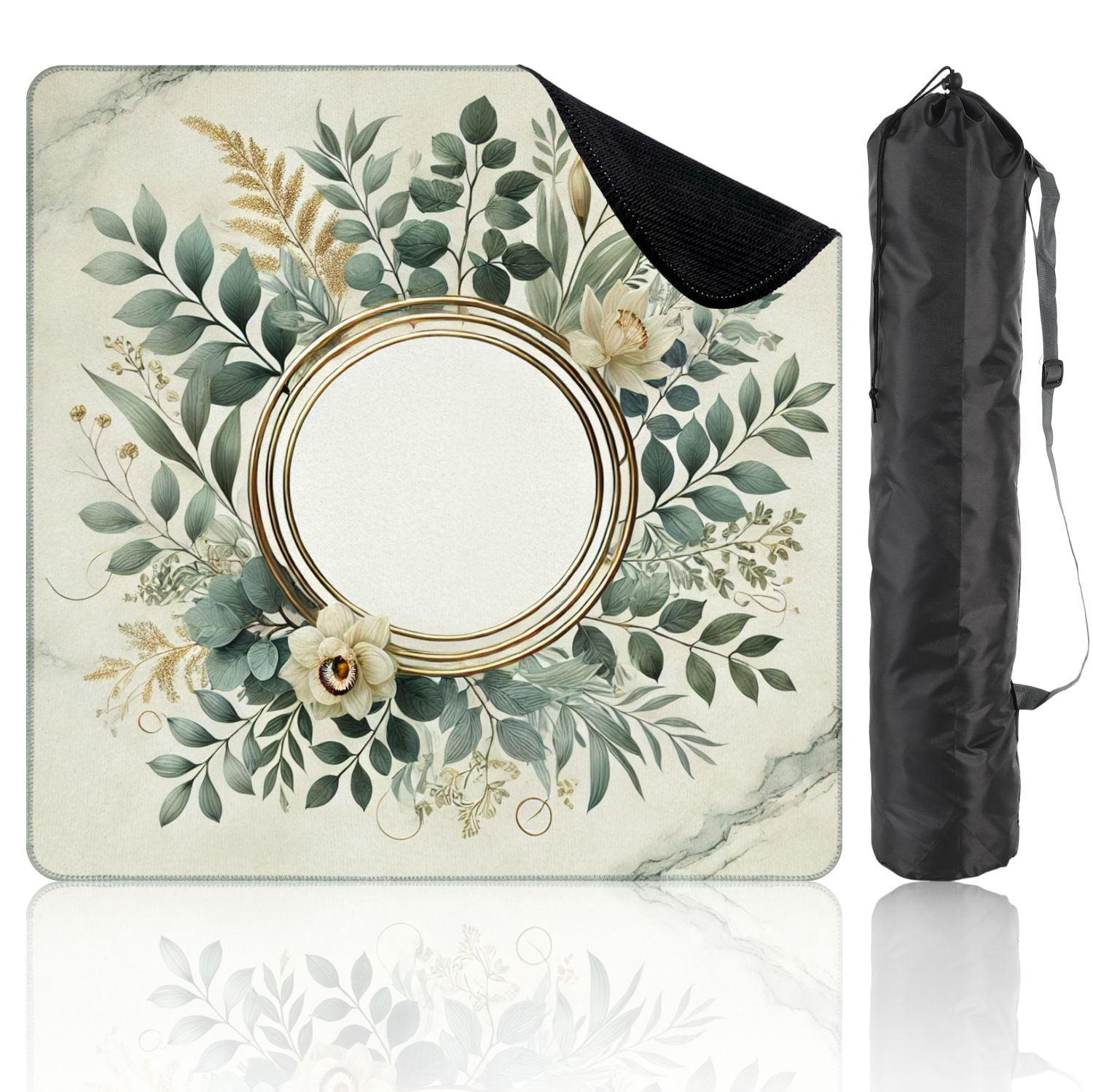 Mahjong Mat 31.5" x 31.5" Green Beige Floral Wreath Gold Circular Frame Botanical Non-Slip Noise Reduction Mahjong Tiles Table Cover for Dominoes Poker Card Board and Tile Games