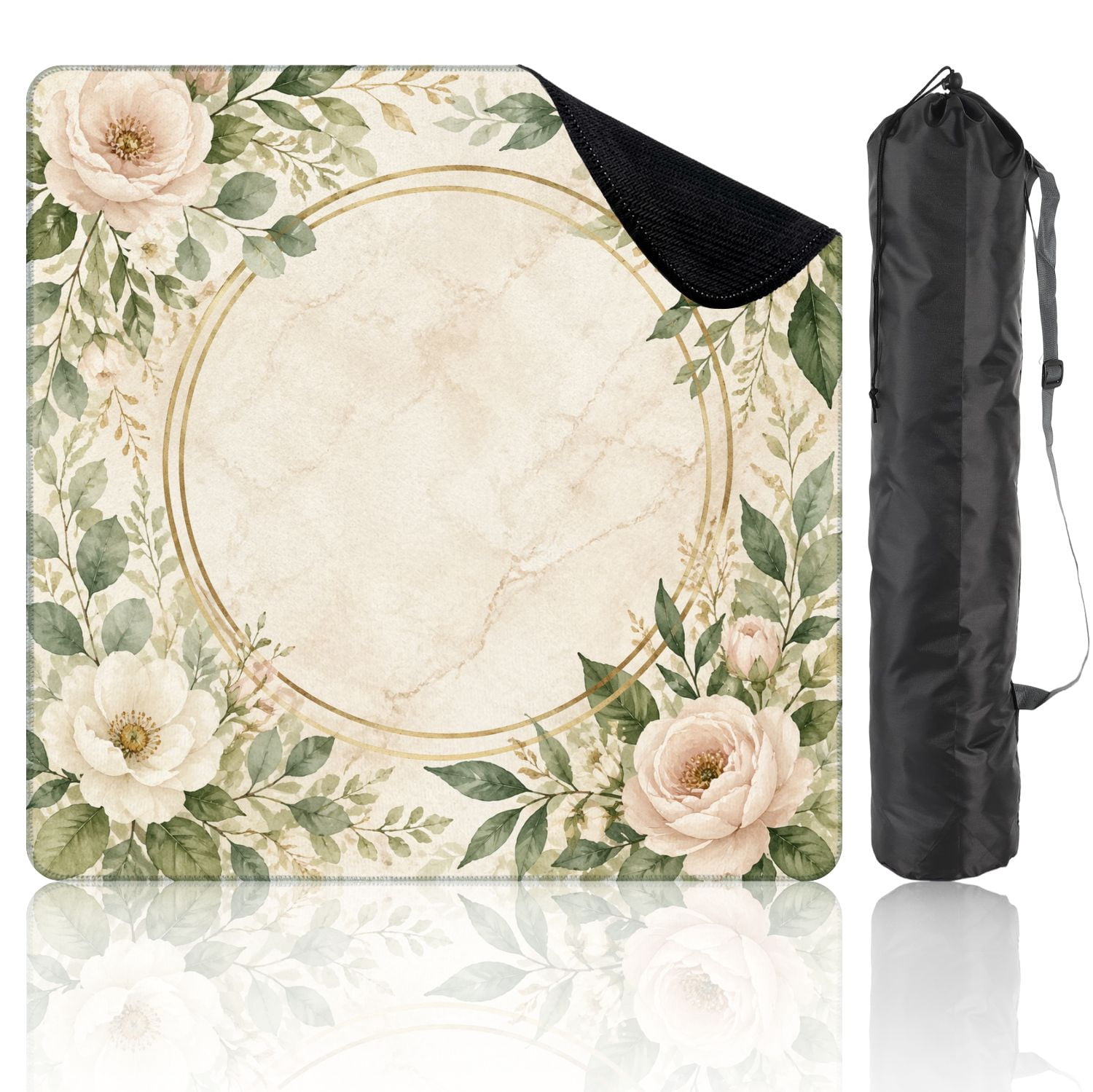 Mahjong Mat 31.5" x 31.5" Green Beige Floral Wreath Gold Circular Frame Botanical Non-Slip Noise Reduction Mahjong Tiles Table Cover for Dominoes Poker Card Board and Tile Games