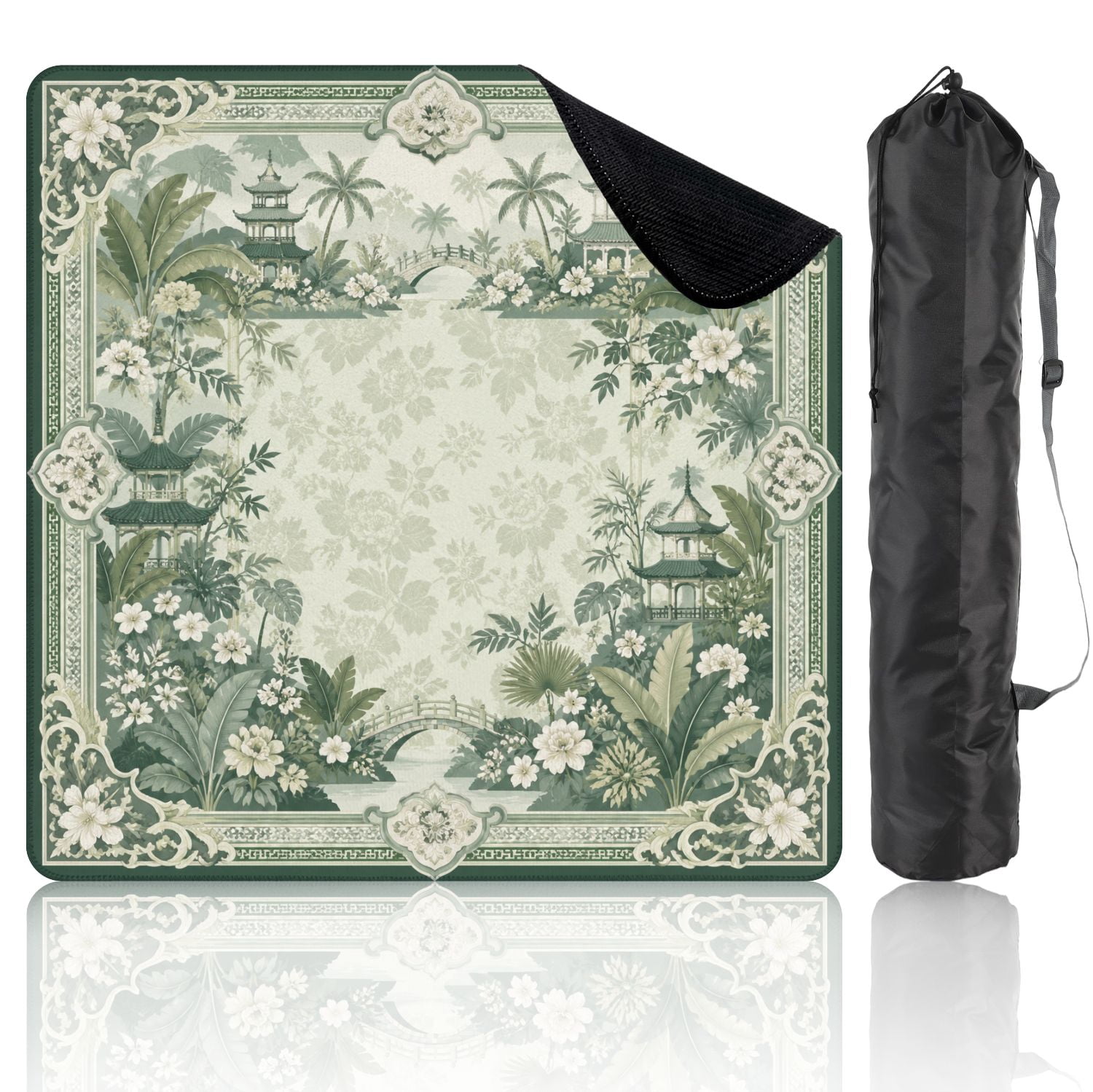 Mahjong Mat 31.5" x 31.5" Green Botanical Asian Pagodas Bridges Tropical Foliage Non-Slip Noise Reduction Mahjong Tiles Table Cover for Dominoes Poker Card Board and Tile Games