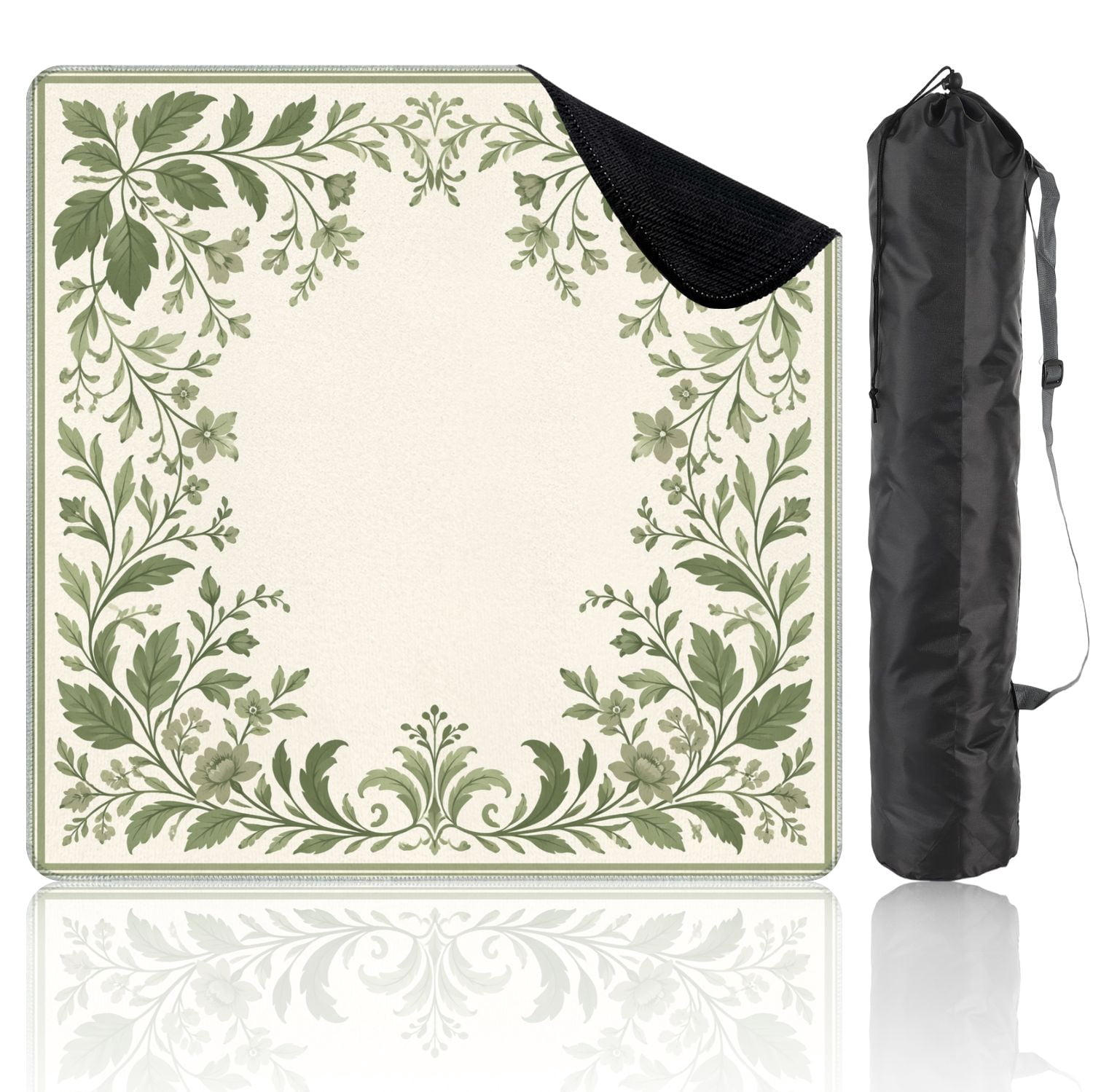 Mahjong Mat 31.5" x 31.5" Green Floral Border Leaves Blossoms Non-Slip Noise Reduction Mahjong Tiles Table Cover for Dominoes Poker Card Board and Tile Games