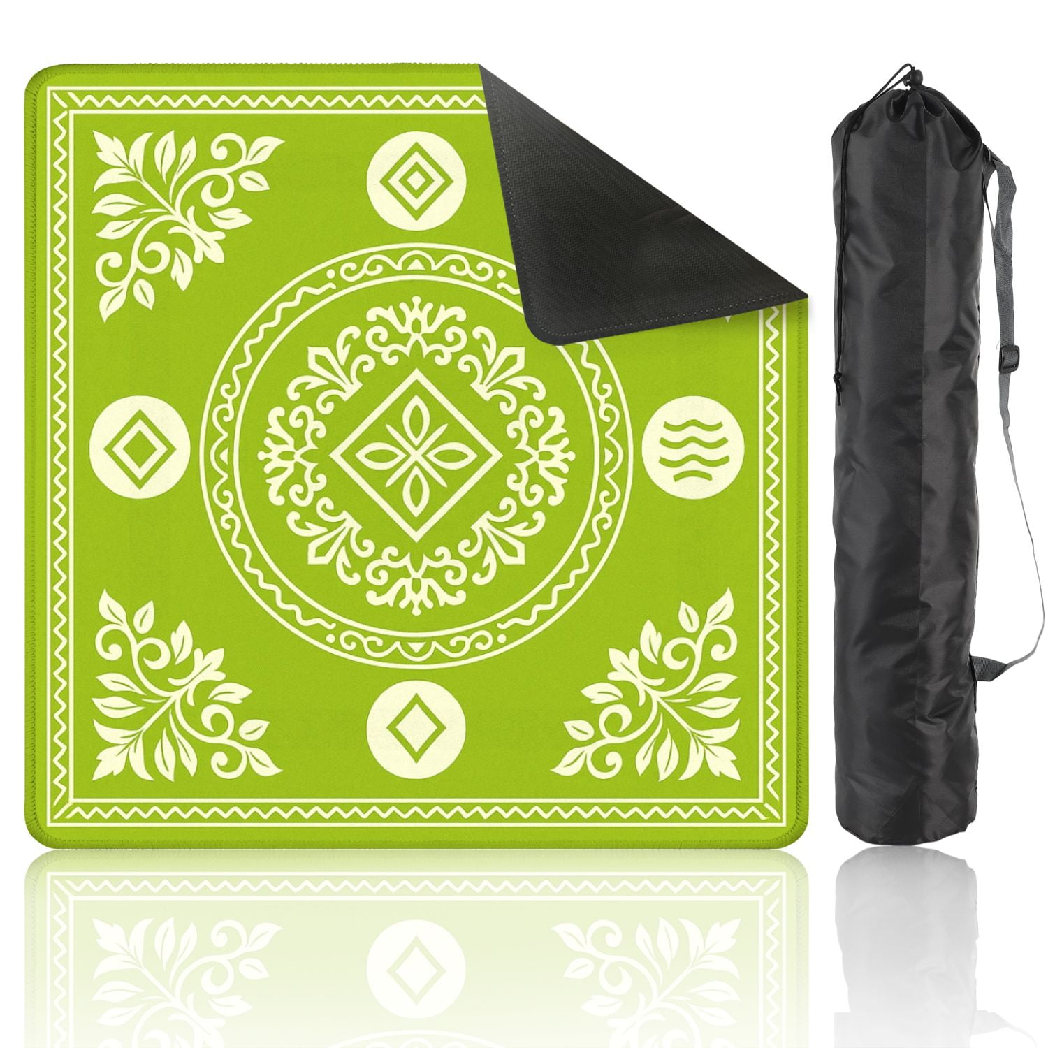 Mahjong Mat 31.5" x 31.5" Green Floral Mandala Diamond Wave Elements Anti-Slip and Noise Reduction Symmetry Design Mahjong Tiles Table Cover for Dominoes Poker Card Board and Tile Games