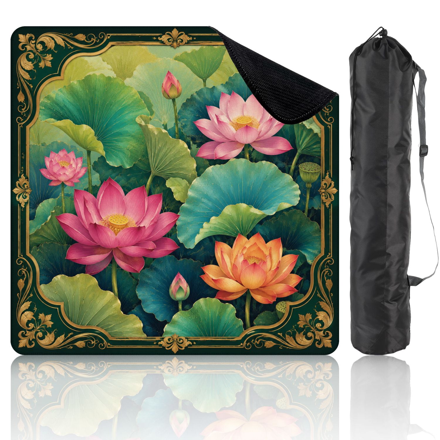 Mahjong Mat 31.5" x 31.5" Greenery Vibrant Blossoms Intricate Ginkgo Lotus Flowers Non-Slip Noise Reduction Chic Portable Gaming Table Cover for Family Game Night & Gift