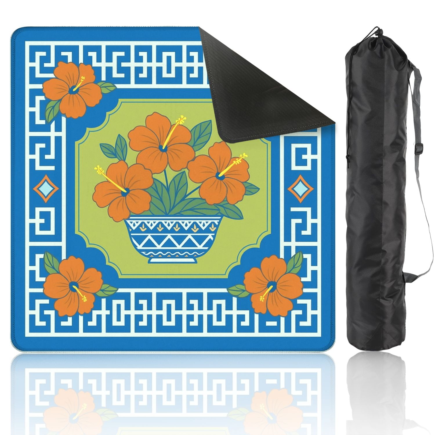 Mahjong Mat 31.5" x 31.5" Hibiscus Flower Anti-Slip and Noise Reduction Symmetry Design Mahjong Tiles Table Cover for Dominoes Poker Card Board and Tile Games