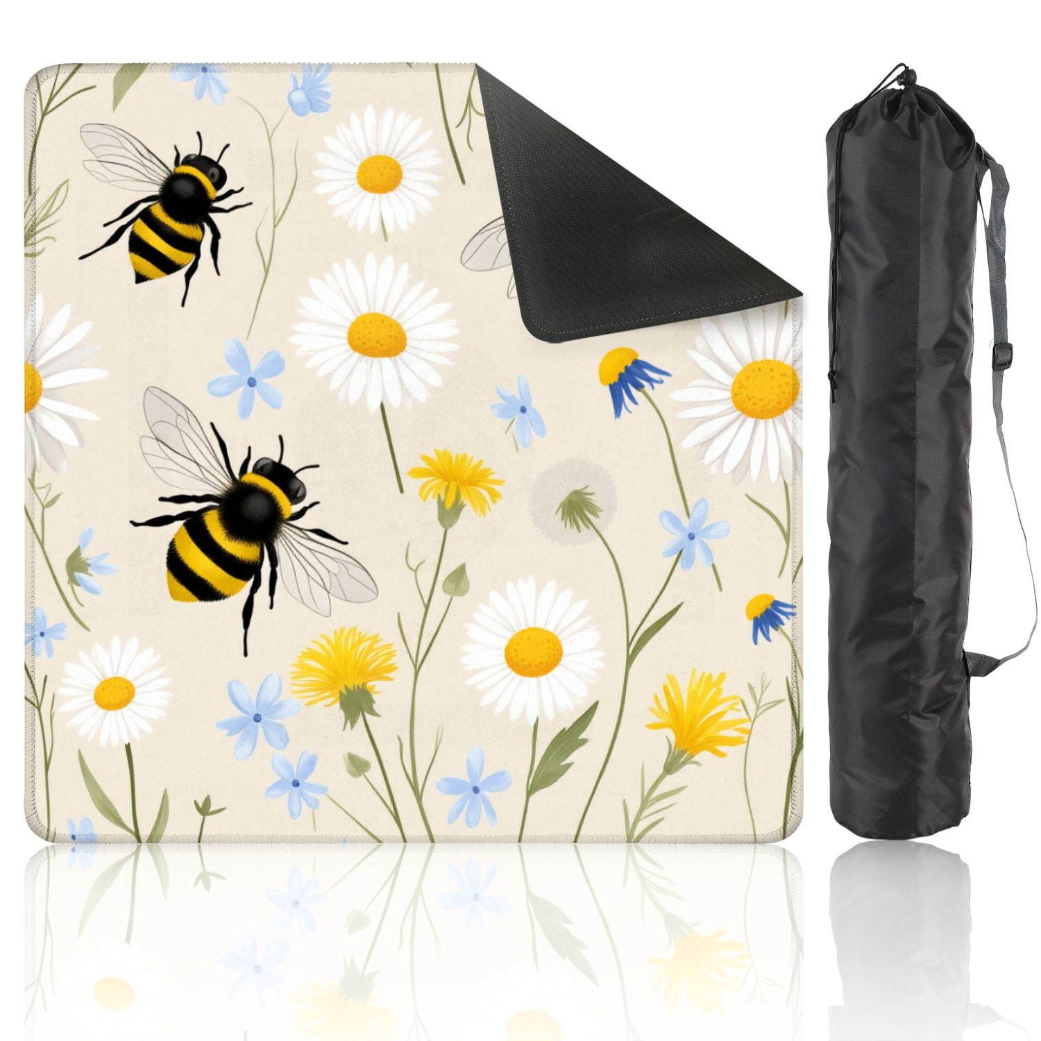 Mahjong Mat 31.5" x 31.5" Honey Bees Wildflowers Seamless Non-Slip Noise Reduction American Mahjong Tiles Table Cover for Dominoes Poker Card Board Games Gift