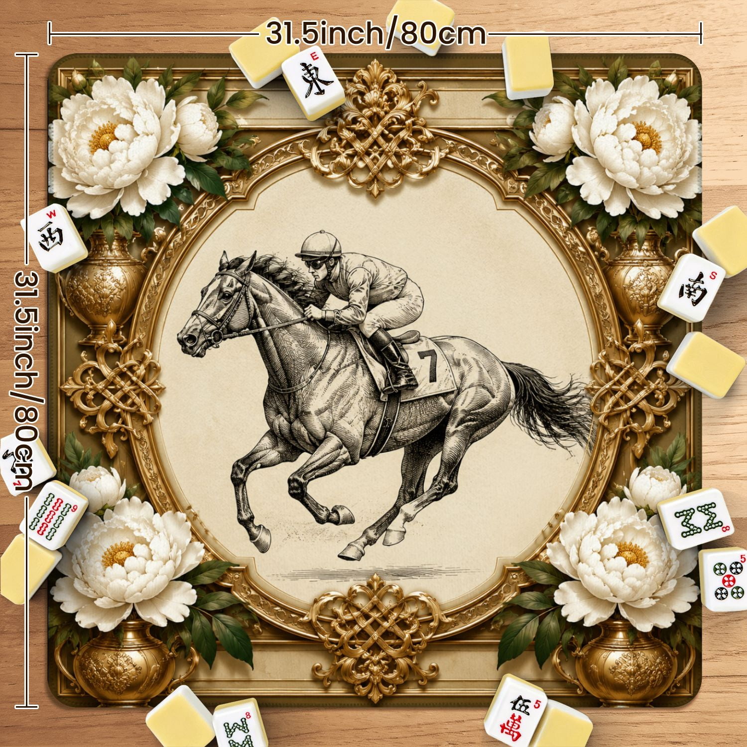Mahjong Mat 31.5" x 31.5" Horse Jockey Vintage Equestrian Frame Non-Slip Noise Reduction American Mahjong Tiles Table Cover for Dominoes Poker Card Board Games Gift