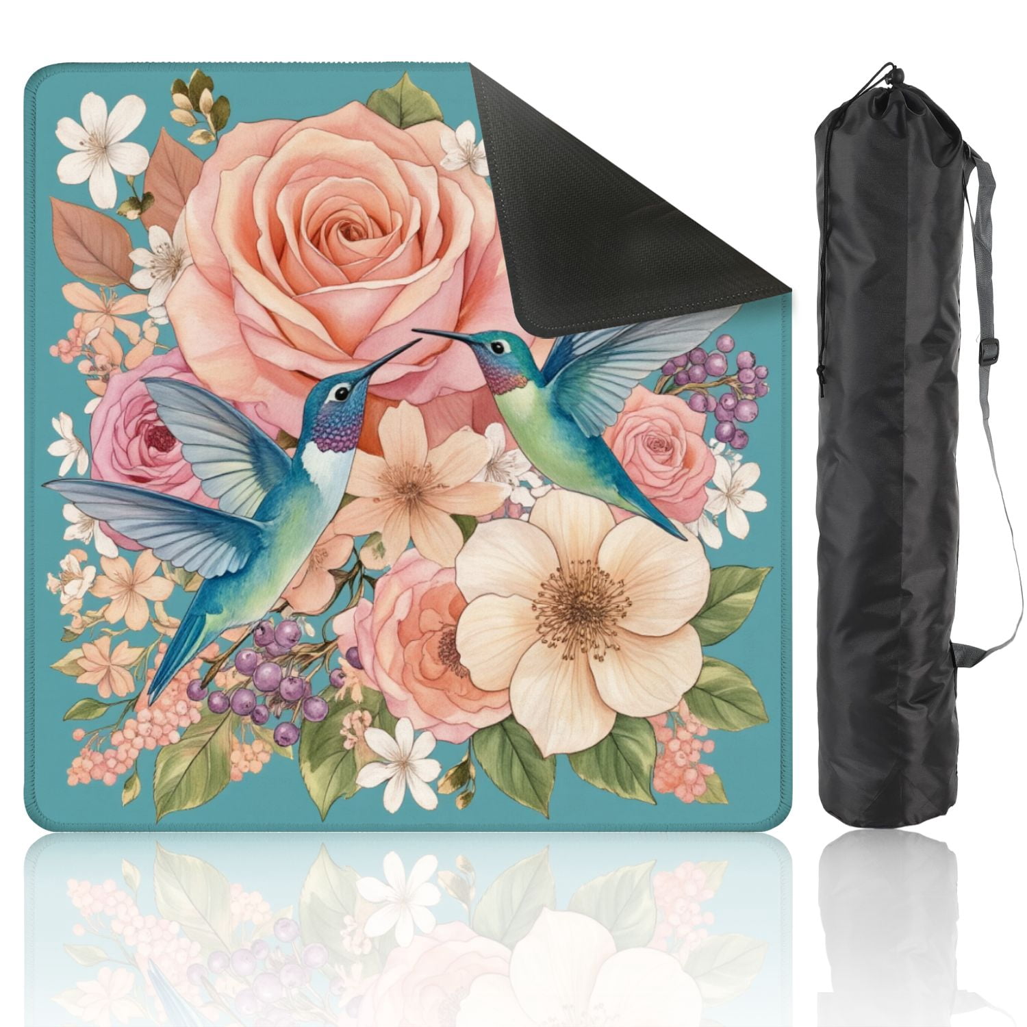 Mahjong Mat 31.5" x 31.5" Hummingbirds Among Pink White Roses Delicate Floral Arrangement Non-Slip Noise Reduction American Mahjong Tiles Table Cover for Dominoes Poker Card Board Games Gift