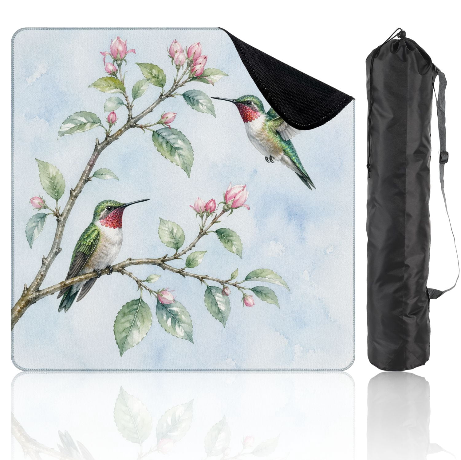 Mahjong Mat 31.5" x 31.5" Hummingbirds Green Leaves Elegant Watercolor Style Non-Slip Noise Reduction Mahjong Tiles Table Cover for Dominoes Poker Card Board and Tile Games