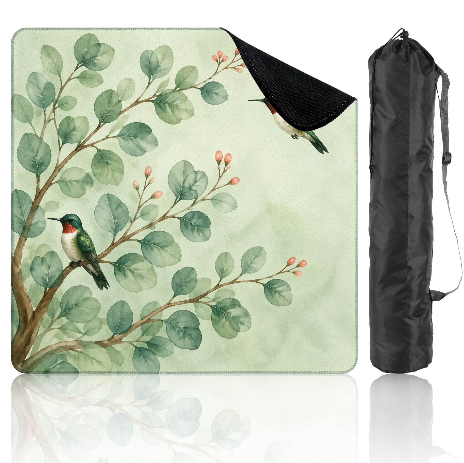 Mahjong Mat 31.5" x 31.5" Hummingbirds Green Leaves Elegant Watercolor Style Non-Slip Noise Reduction Mahjong Tiles Table Cover for Dominoes Poker Card Board and Tile Games