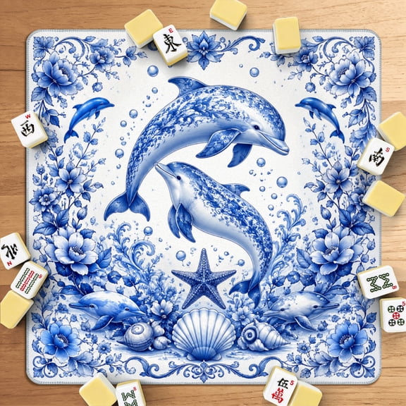 Mahjong Mat 31.5" x 31.5" Intricate Blue Floral Dolphins Sea Creatures Ornamental Design Non-Slip Noise Reduction American Mahjong Tiles Table Cover for Dominoes Poker Card Board Games Gift