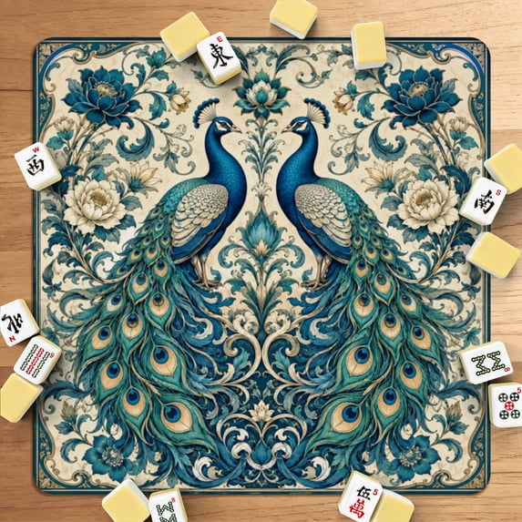 Mahjong Mat 31.5" x 31.5" Intricate Peacock Pair Flowing Feathers Floral Accents Non-Slip Noise Reduction American Mahjong Tiles Table Cover for Dominoes Poker Card Board Games Gift