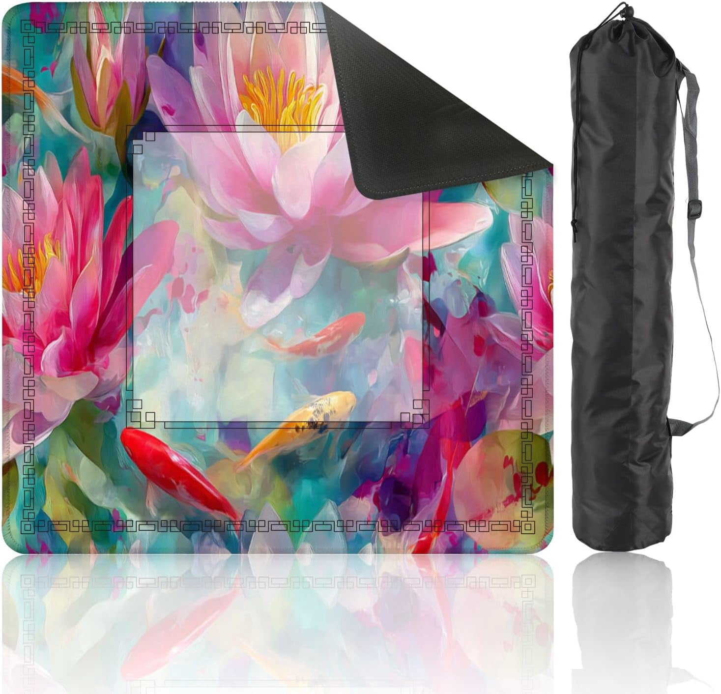 Mahjong Mat 31.5" x 31.5" Intricate Watercolor Pond Art Lotus Fish Soft Pastels Non-Slip Noise Reduction Mahjong Tiles Table Cover for Dominoes Poker Card Board and Tile Games