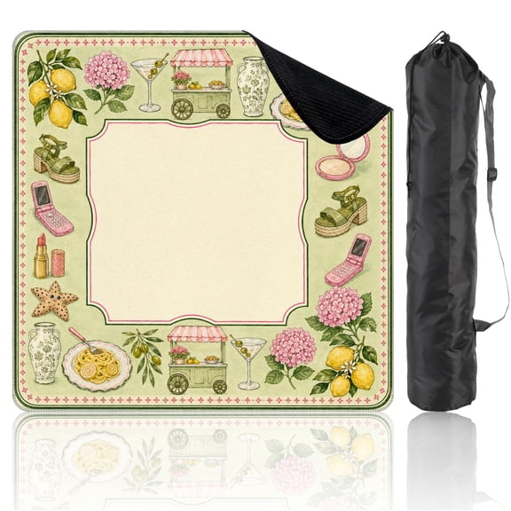 Mahjong Mat 31.5" x 31.5" Italian Summer Coastal Border Frame Lemons Pasta Pink Floral Non-Slip Noise Reduction Mahjong Accessories Gifts for Board and Tile Games