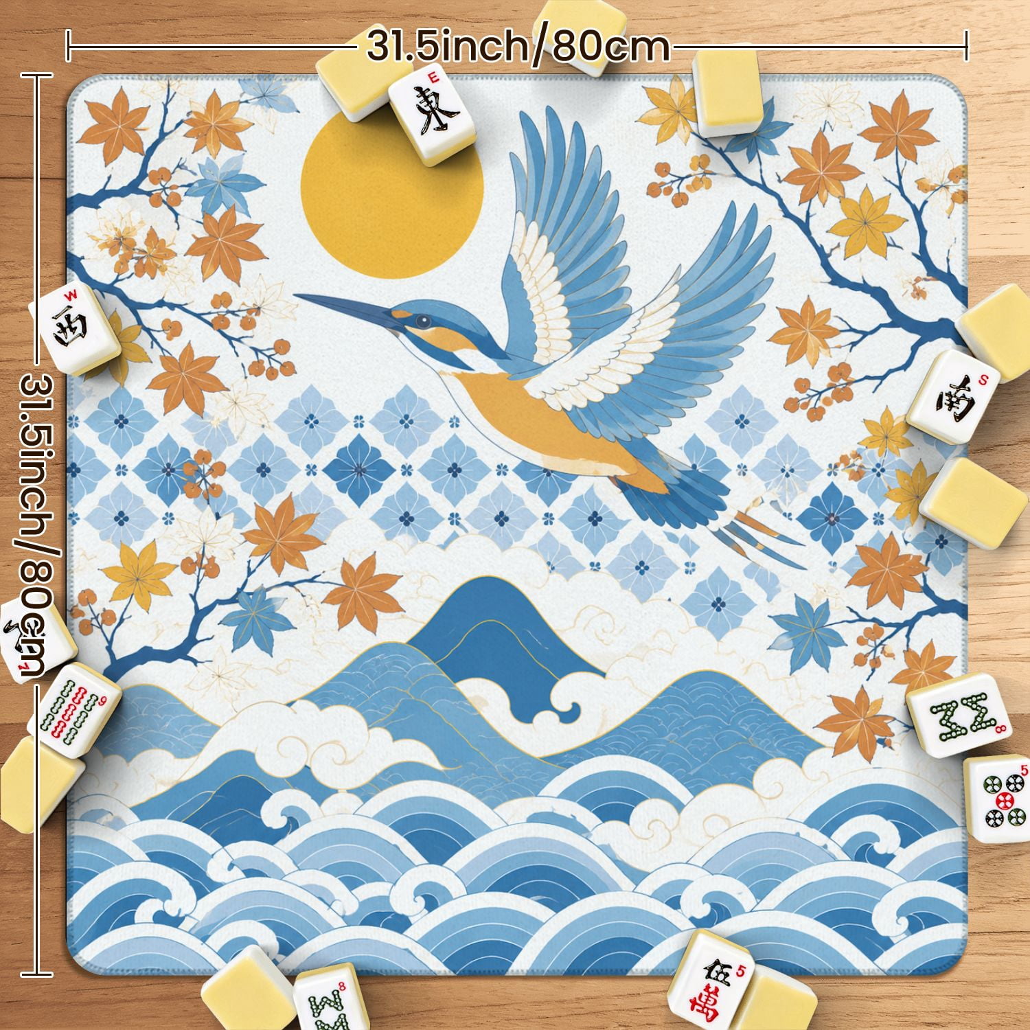Mahjong Mat 31.5" x 31.5" Japanese Crane Among Cherry Blossoms Sun Ocean Waves Traditional Style Non-Slip Noise Reduction American Mahjong Tiles Table Cover for Dominoes Poker Card Board Games Gift
