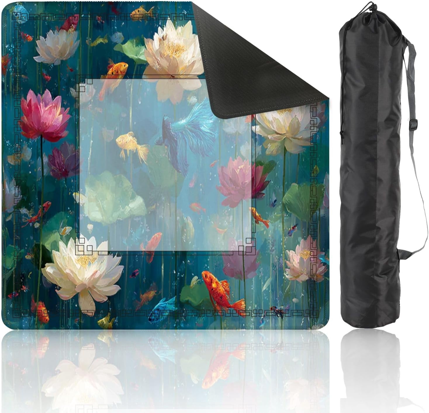 Mahjong Mat 31.5" x 31.5" Japanese Pond Watercolor Art Print Lotus Fish Design Non-Slip Noise Reduction Mahjong Tiles Table Cover for Dominoes Poker Card Board and Tile Games