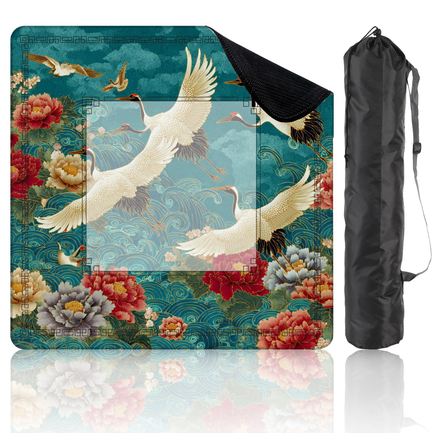 Mahjong Mat 31.5" x 31.5" Japanese seamless crane birds elements Asian Non-Slip Noise Reduction American Mahjong Tiles Table Cover for Dominoes Poker Card Board Games Gift