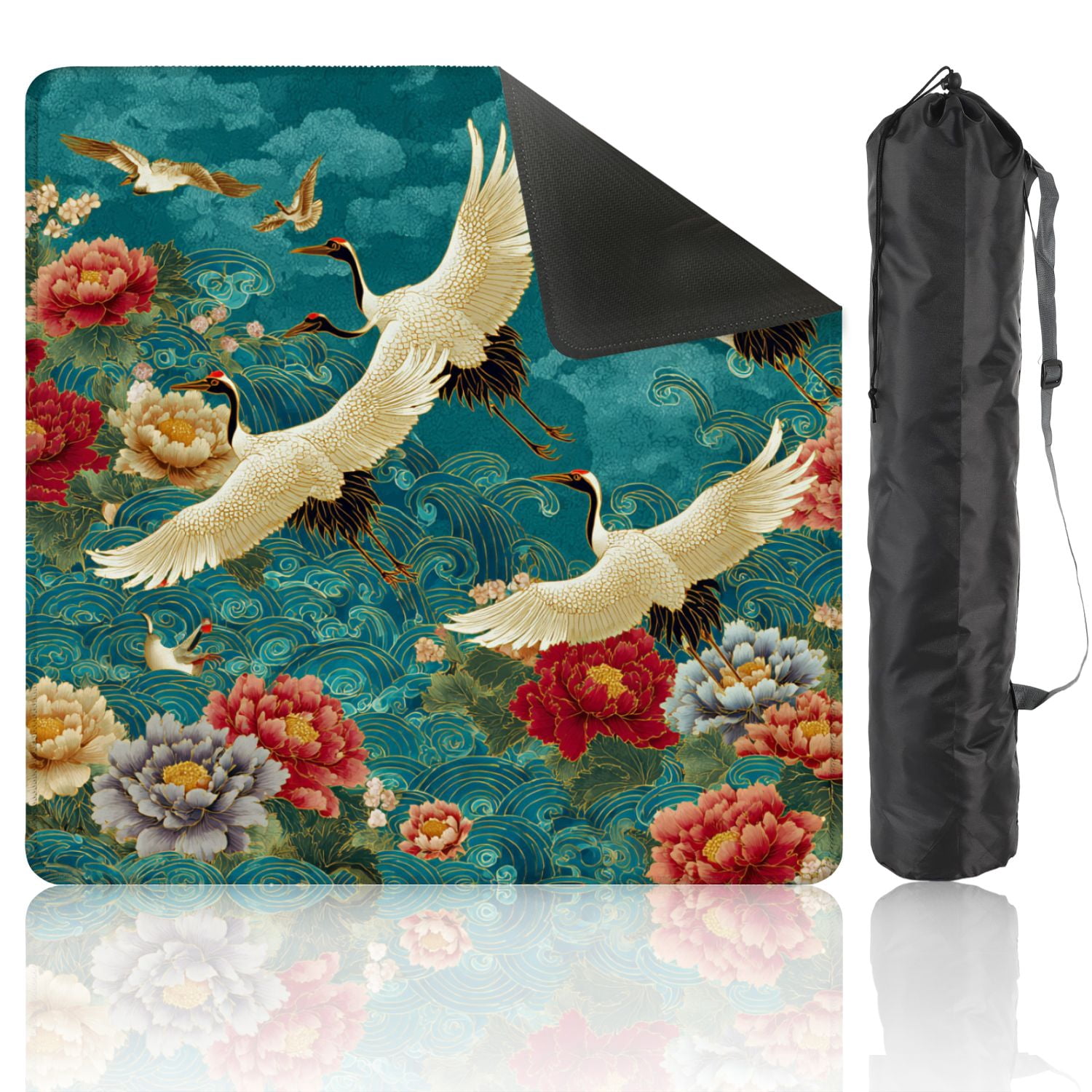 Mahjong Mat 31.5" x 31.5" Japanese seamless crane birds elements Asian Non-Slip Noise Reduction American Mahjong Tiles Table Cover for Dominoes Poker Card Board Games Gift