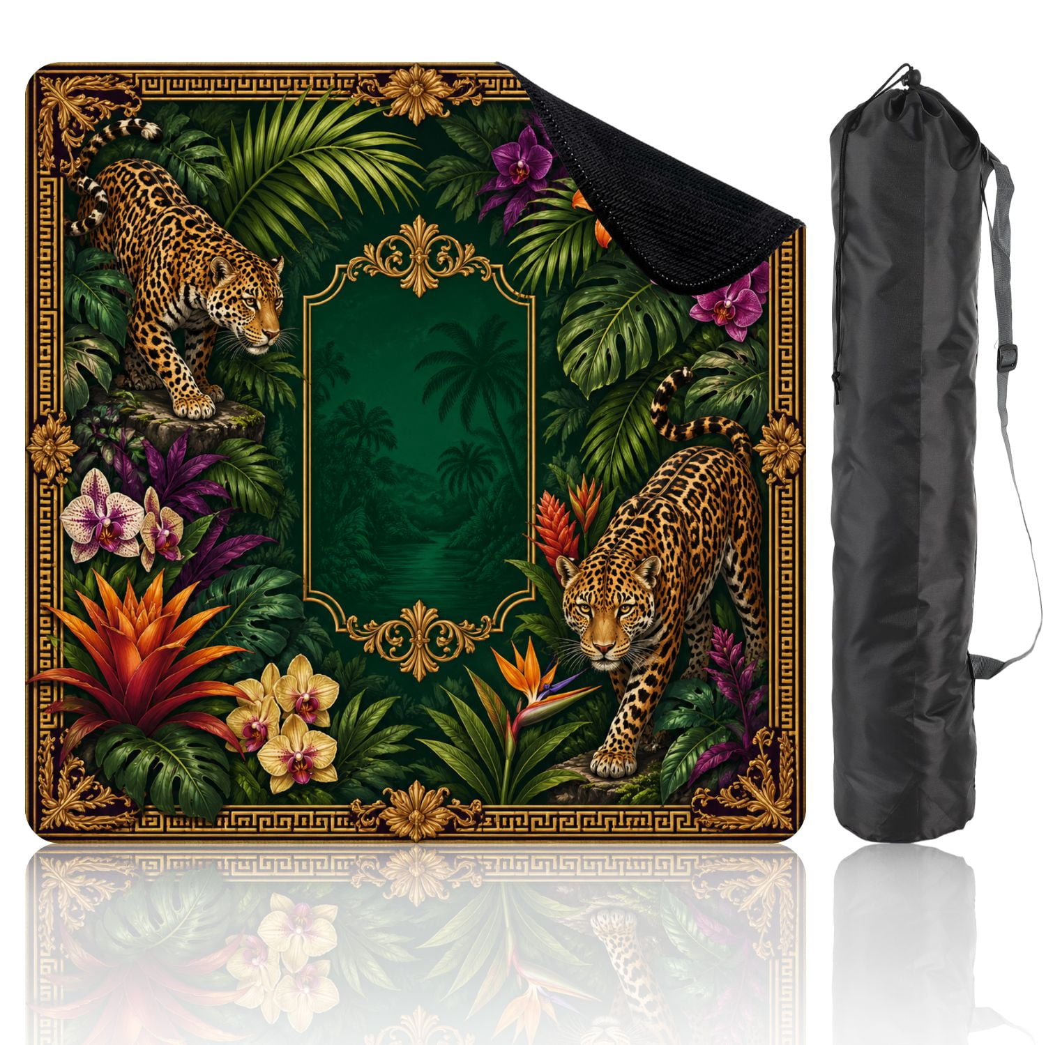 Mahjong Mat 31.5" x 31.5" Jungle Leopards Tropical Flowers Green Foliage Non-Slip Noise Reduction Mahjong Tiles Table Cover for Dominoes Poker Card Board and Tile Games
