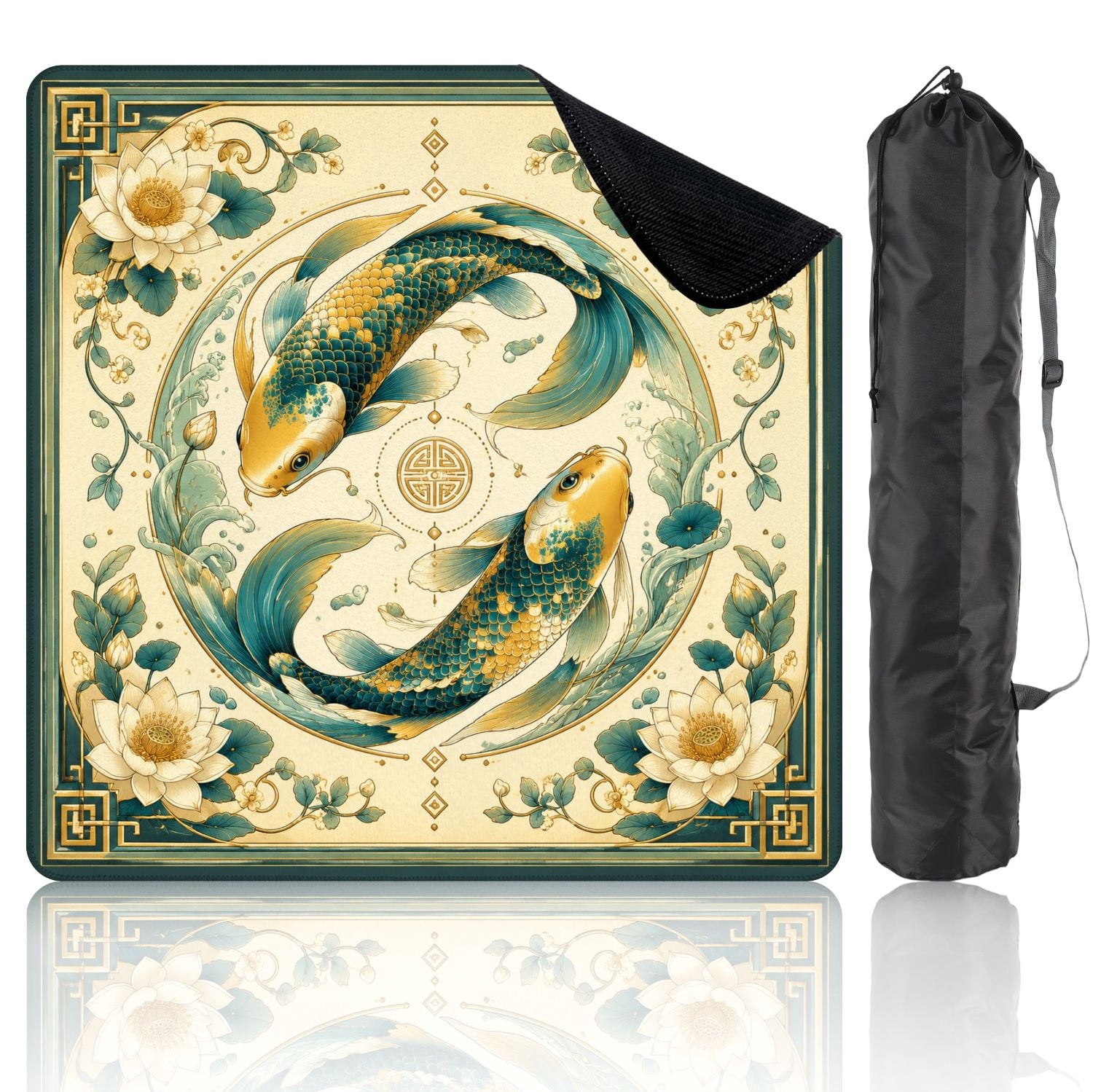 Mahjong Mat 31.5" x 31.5" Koi Fish Yin Yang Floral Border Teal Gold Non-Slip Noise Reduction Mahjong Tiles Table Cover for Dominoes Poker Card Board and Tile Games