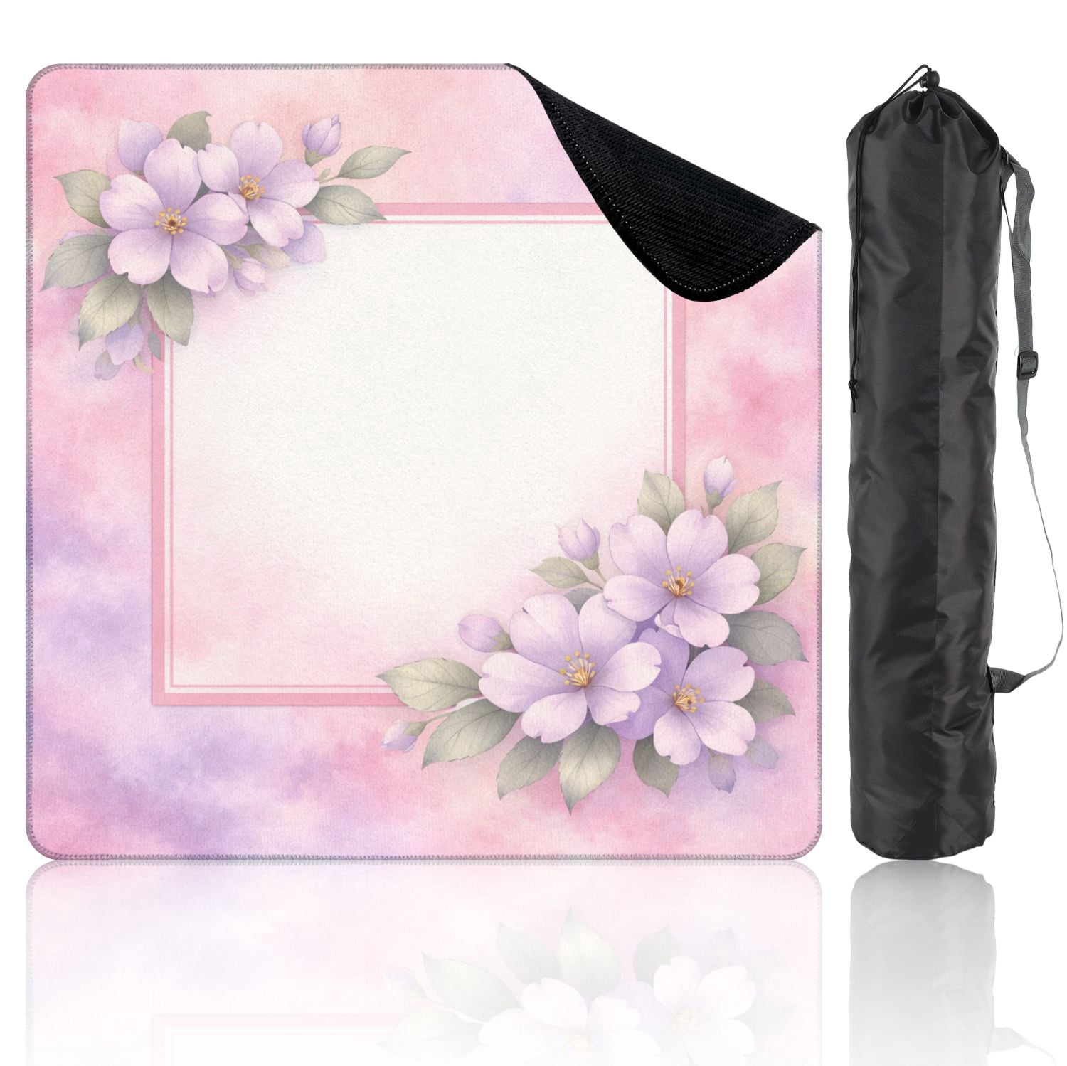 Mahjong Mat 31.5" x 31.5" Lavender Floral Watercolor Frame Soft Pastel Non-Slip Noise Reduction Mahjong Tiles Table Cover for Dominoes Poker Card Board and Tile Games