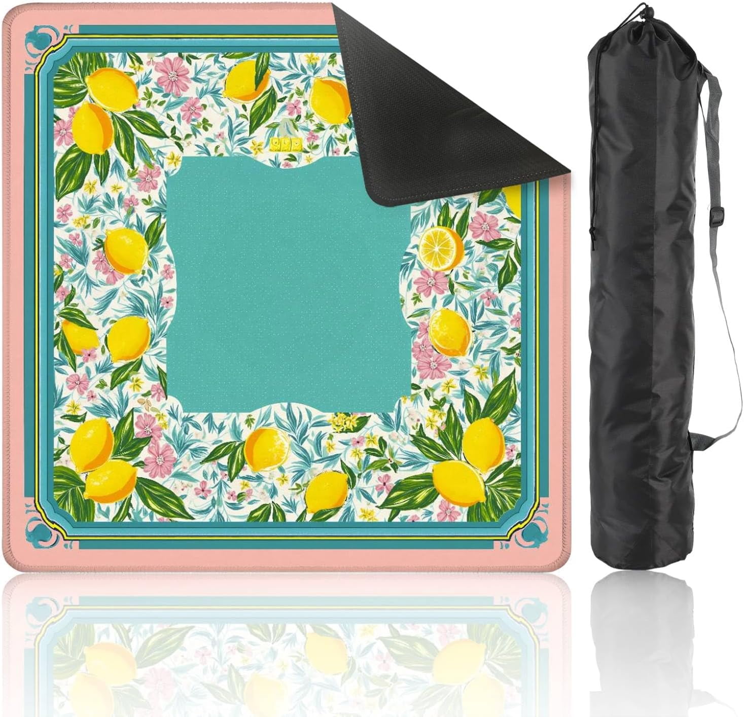 Mahjong Mat 31.5" x 31.5" Lemon Floral Tropical Teal Non-Slip Noise Reduction Mahjong Tiles Table Cover for Dominoes Poker Card Board and Tile Games Gift