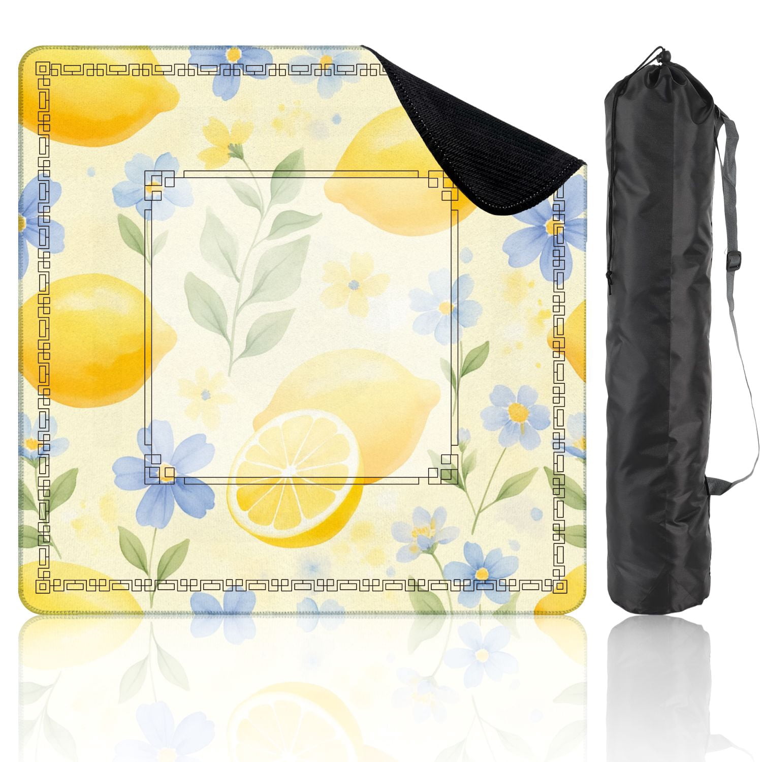 Mahjong Mat 31.5" x 31.5" Lemon Floral Yellow Blue Watercolor Non-Slip Noise Reduction American Mahjong Tiles Table Cover for Dominoes Poker Card Board Games Gift