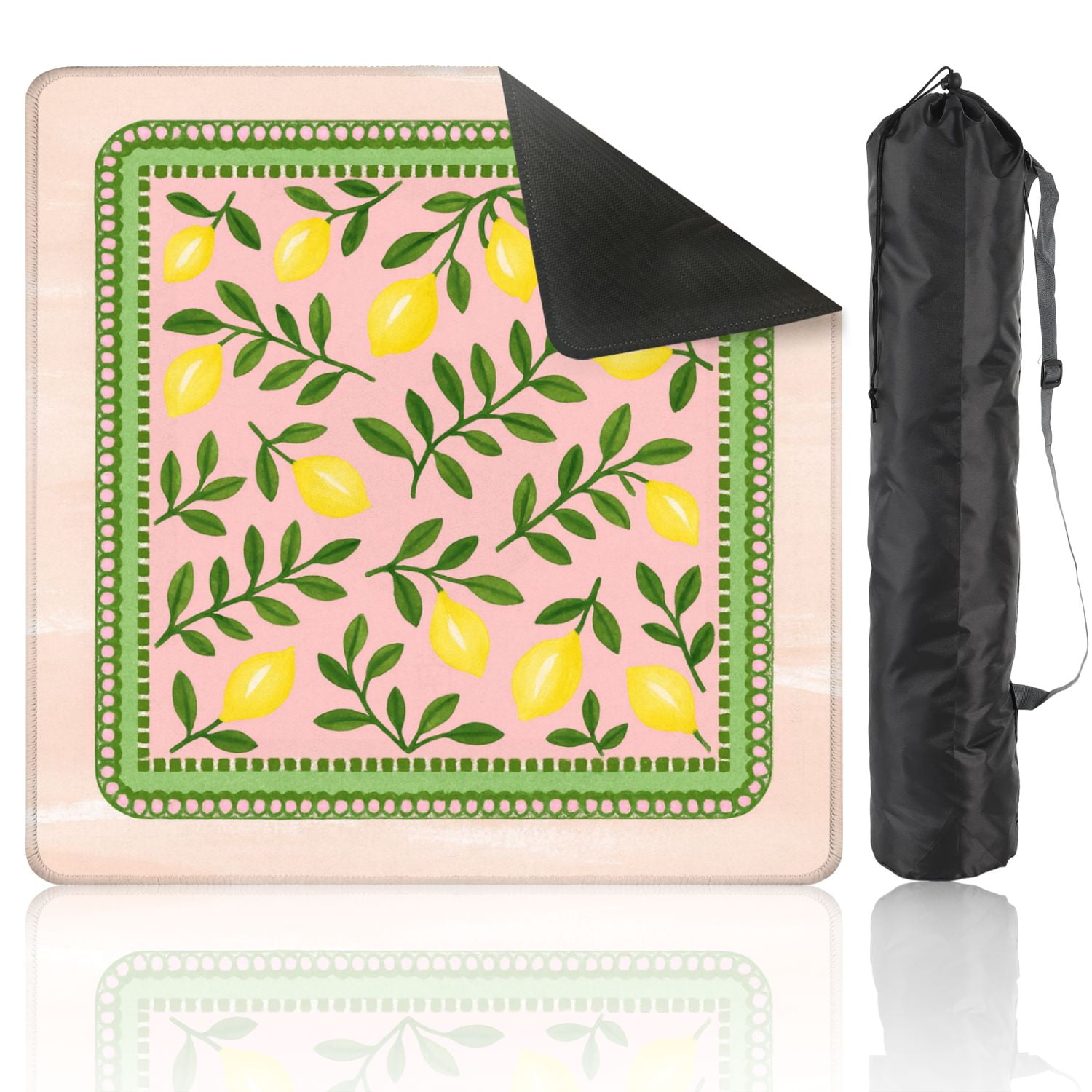 Mahjong Mat 31.5" x 31.5" Lemon Leaf Green Border Pink Anti-Slip and Noise Reduction Symmetry Design Mahjong Tiles Table Cover for Dominoes Poker Card Board and Tile Games