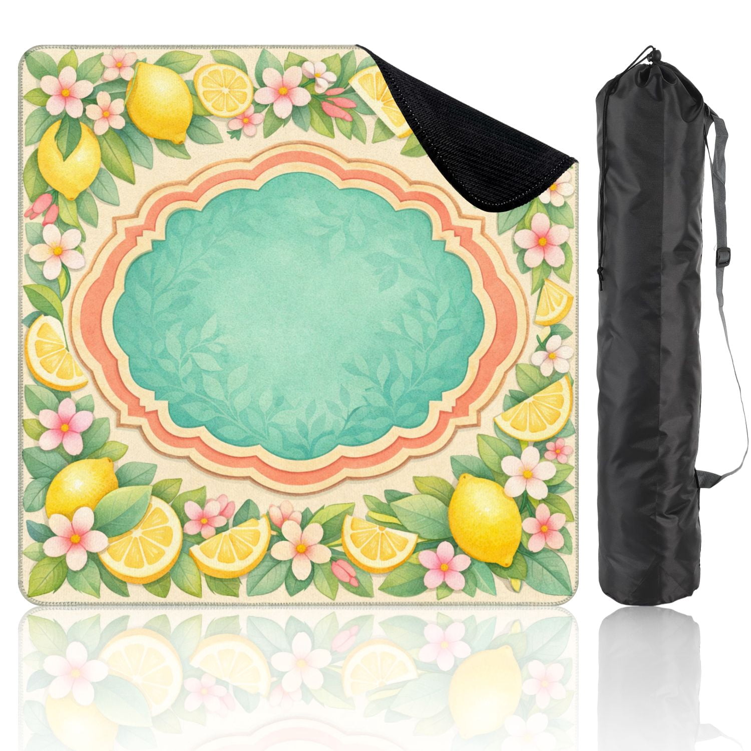 Mahjong Mat 31.5" x 31.5" Lemon Pink Flower Border Green Leaves Ornamental Frame Non-Slip Noise Reduction Mahjong Tiles Table Cover for Dominoes Poker Card Board and Tile Games