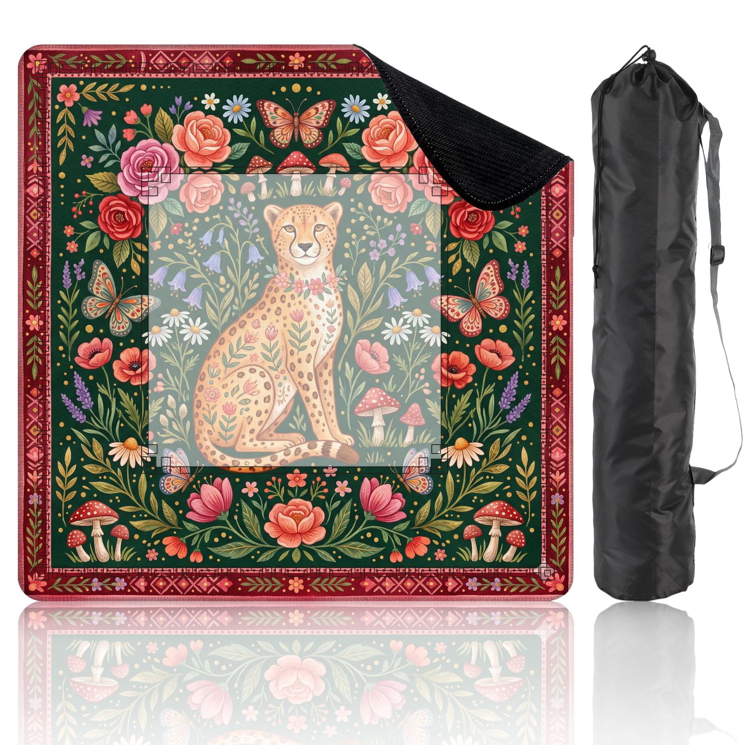 Mahjong Mat 31.5" x 31.5" Leopard Floral Cheetah Butterfly Roses Mushrooms Nature Animal Non-Slip Noise Reduction American Mahjong Tiles Table Cover for Dominoes Poker Card Board Games Gift