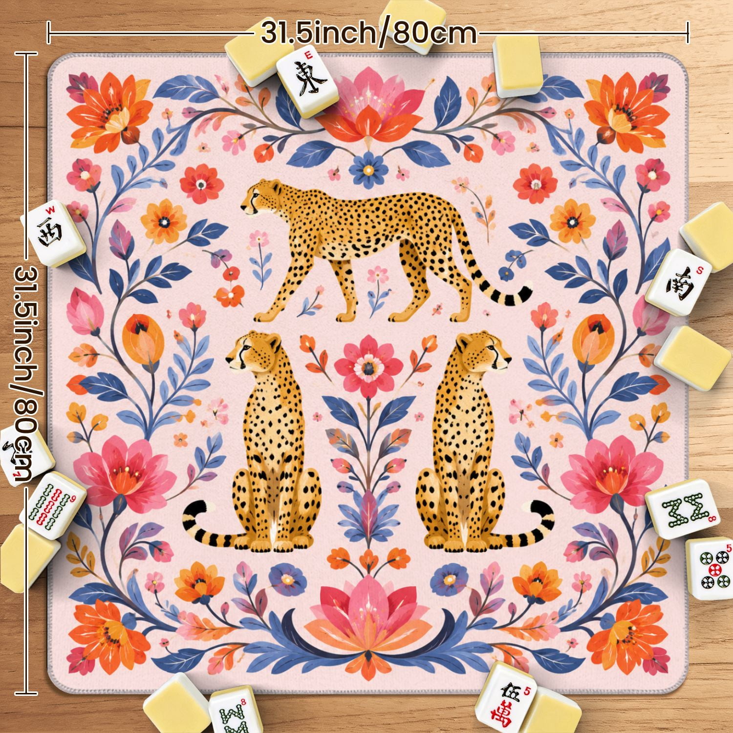 Mahjong Mat 31.5" x 31.5" Leopard Floral Vibrant Colors Pink Non-Slip Noise Reduction American Mahjong Tiles Table Cover for Dominoes Poker Card Board Games Gift