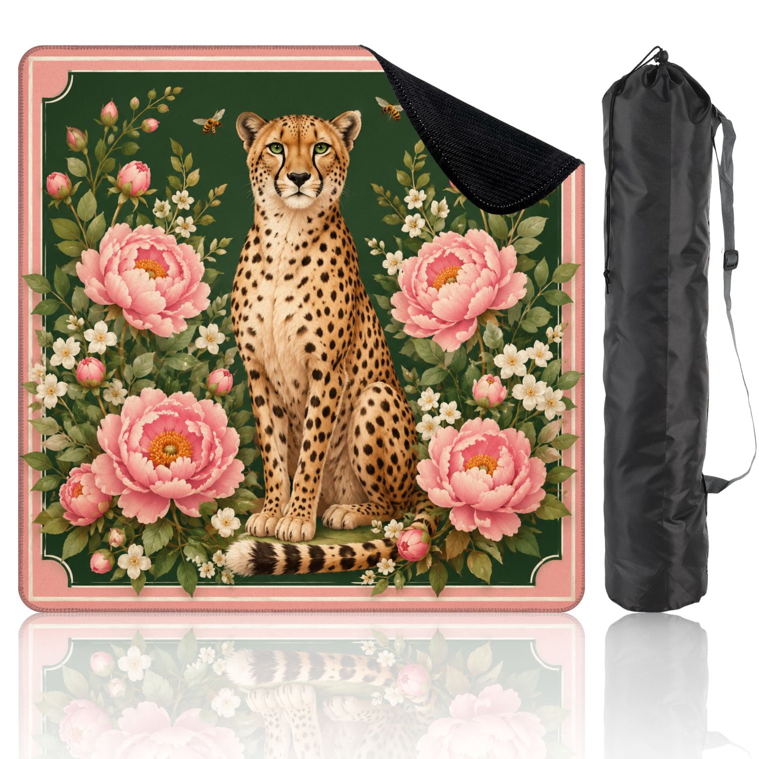 Mahjong Mat 31.5" x 31.5" Leopard Green Eyes Surrounded by Pink Flowers Bees Dark Green Non-Slip Noise Reduction Chic Portable Gaming Table Cover for Family Game Night & Gift