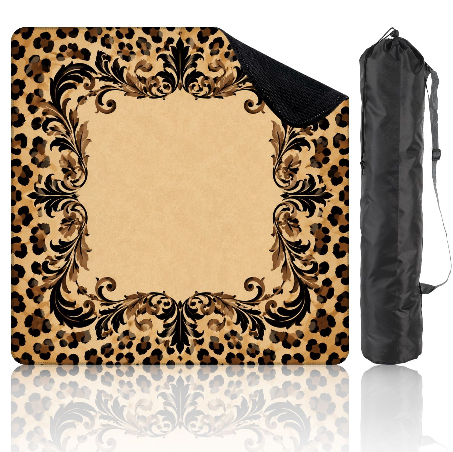 Mahjong Mat 31.5" x 31.5" Leopard Print Elegant Leafy Frame Design Non-Slip Noise Reduction Mahjong Tiles Table Cover for Dominoes Poker Card Board and Tile Games