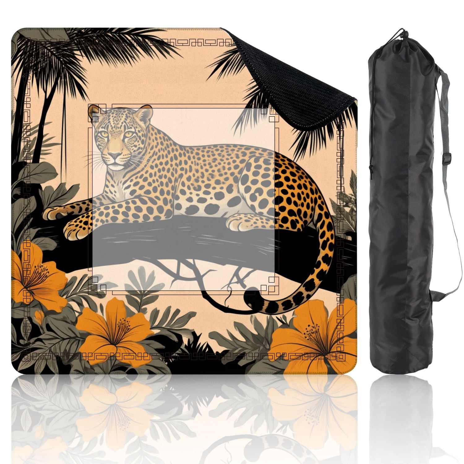 Mahjong Mat 31.5" x 31.5" Leopard Resting Tree Branch Tropical Jungle Orange Flowers Non-Slip Noise Reduction American Mahjong Tiles Table Cover for Dominoes Poker Card Board Games Gift
