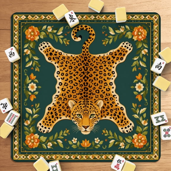 Mahjong Mat 31.5" x 31.5" Leopard Skin Rug Floral Border Design Non-Slip Noise Reduction American Mahjong Tiles Table Cover for Dominoes Poker Card Board Games Gift