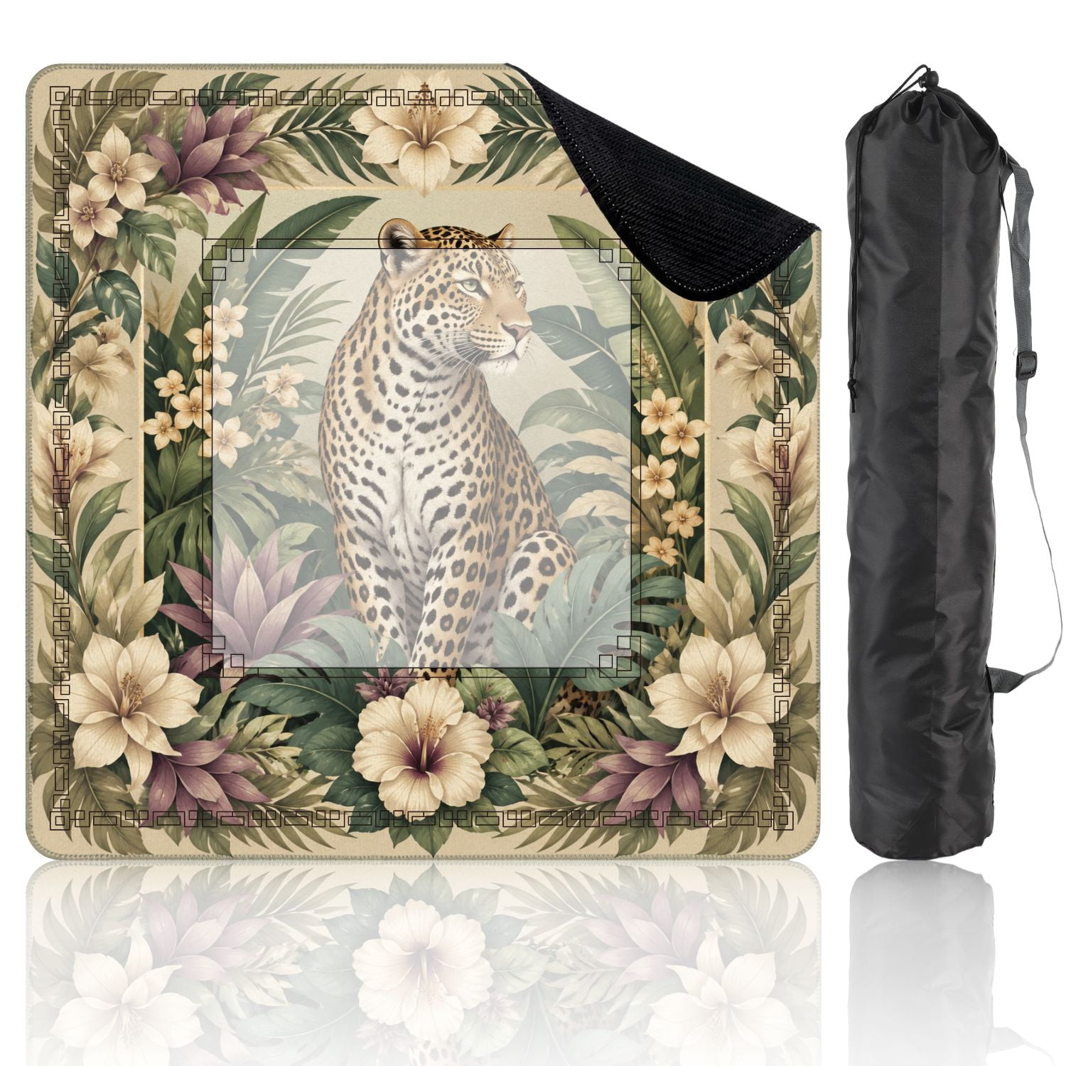 Mahjong Mat 31.5" x 31.5" Leopard Tropical Floral Jungle Greenery Soft Earth Tones Non-Slip Noise Reduction American Mahjong Tiles Table Cover for Dominoes Poker Card Board Games Gift