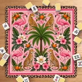 Mahjong Mat 31.5" x 31.5" Leopard Tropical Floral Symmetrical Palm Tree Pink Botanical Non-Slip Noise Reduction American Mahjong Tiles Table Cover for Dominoes Poker Card Board Games Gift