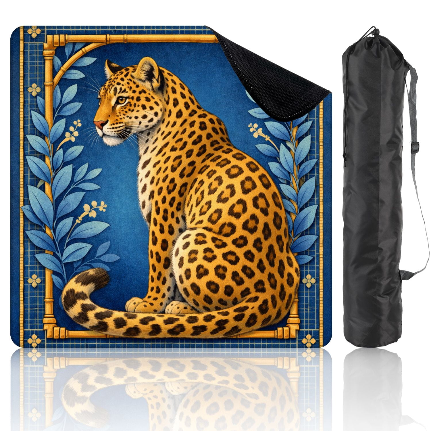 Mahjong Mat 31.5" x 31.5" Leopard Tropical Leaves Blue Non-Slip Noise Reduction Mahjong Tiles Table Cover for Dominoes Poker Card Board and Tile Games